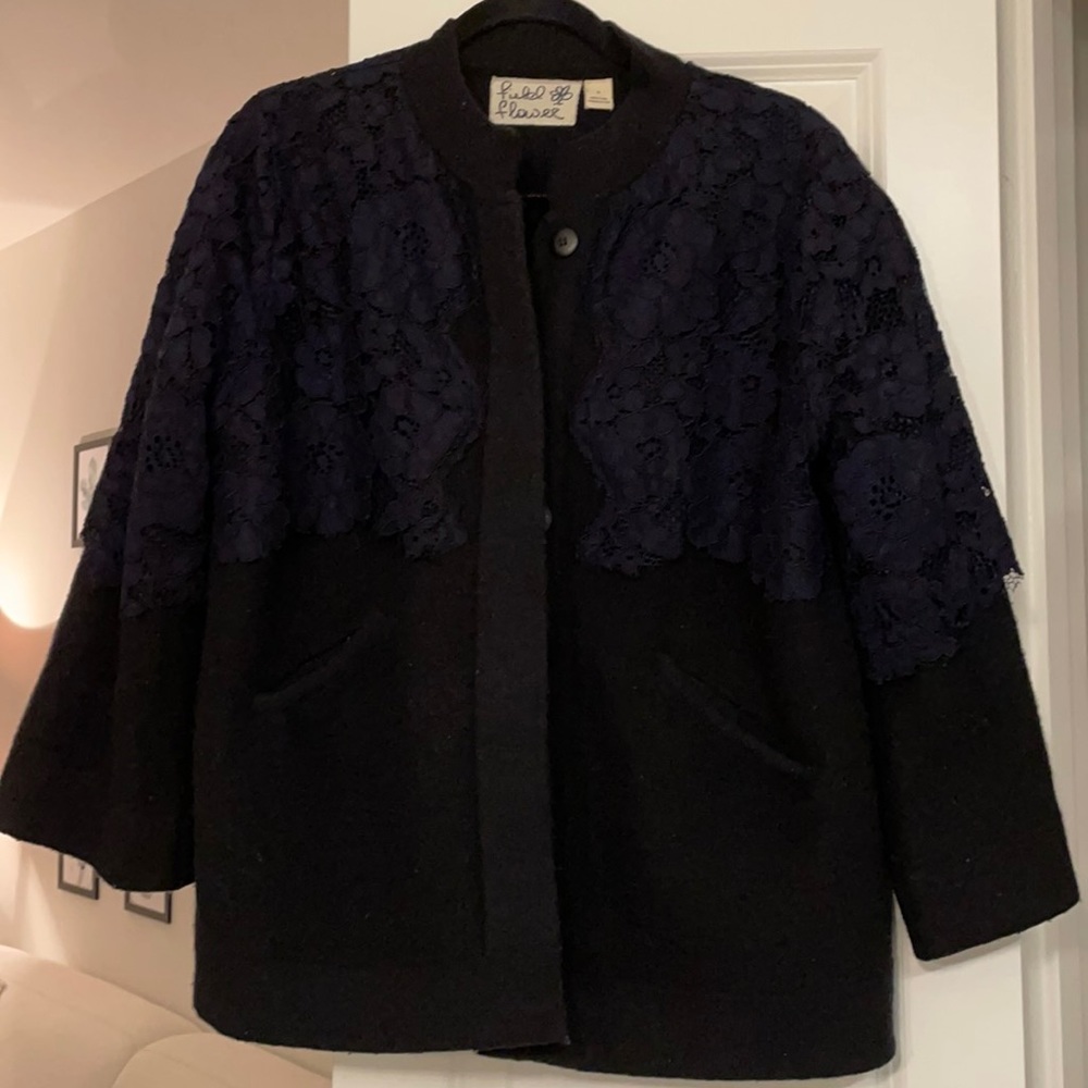 Black 100% Wool Coat With Black Lace Overlay